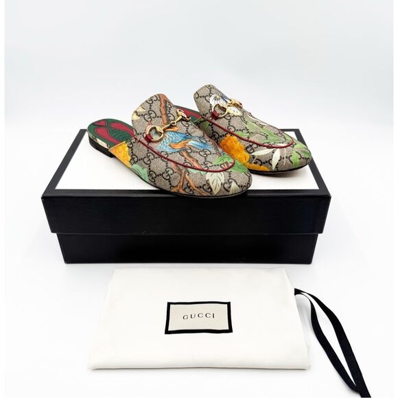 Gucci Princetown Horsebit Monogram Logo Tian Print Flats Slip On Loafer Mules - Picture 1 of 12